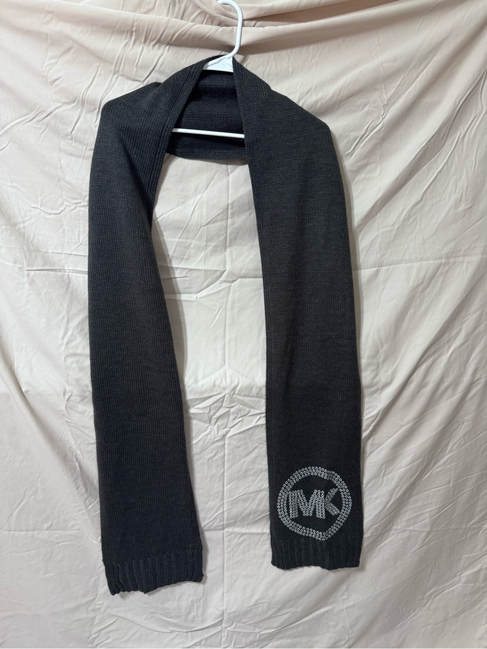 Michael Kors Dark Grey Knit Scarf with Rhinestone MK Emblem